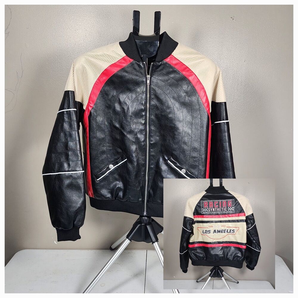 Fashion Nova Racing Moto Jacket Faux Leather Los Angeles Bomber Mesh Varsity XS